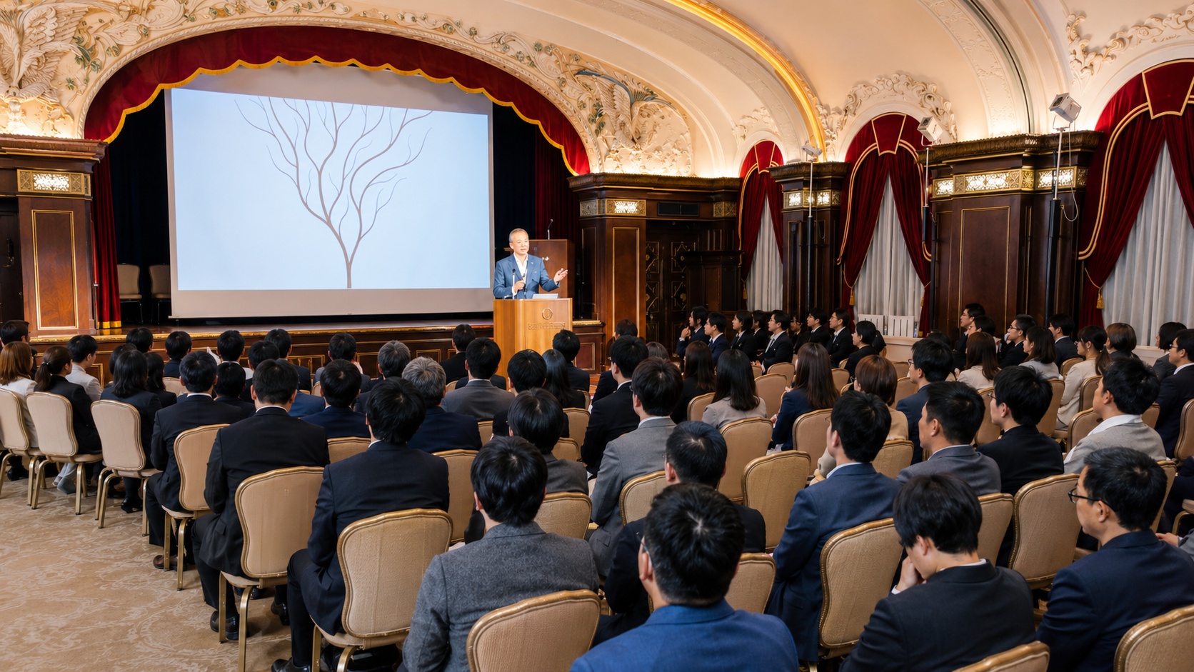 社員総会で登壇者の話に耳を傾ける社員たち